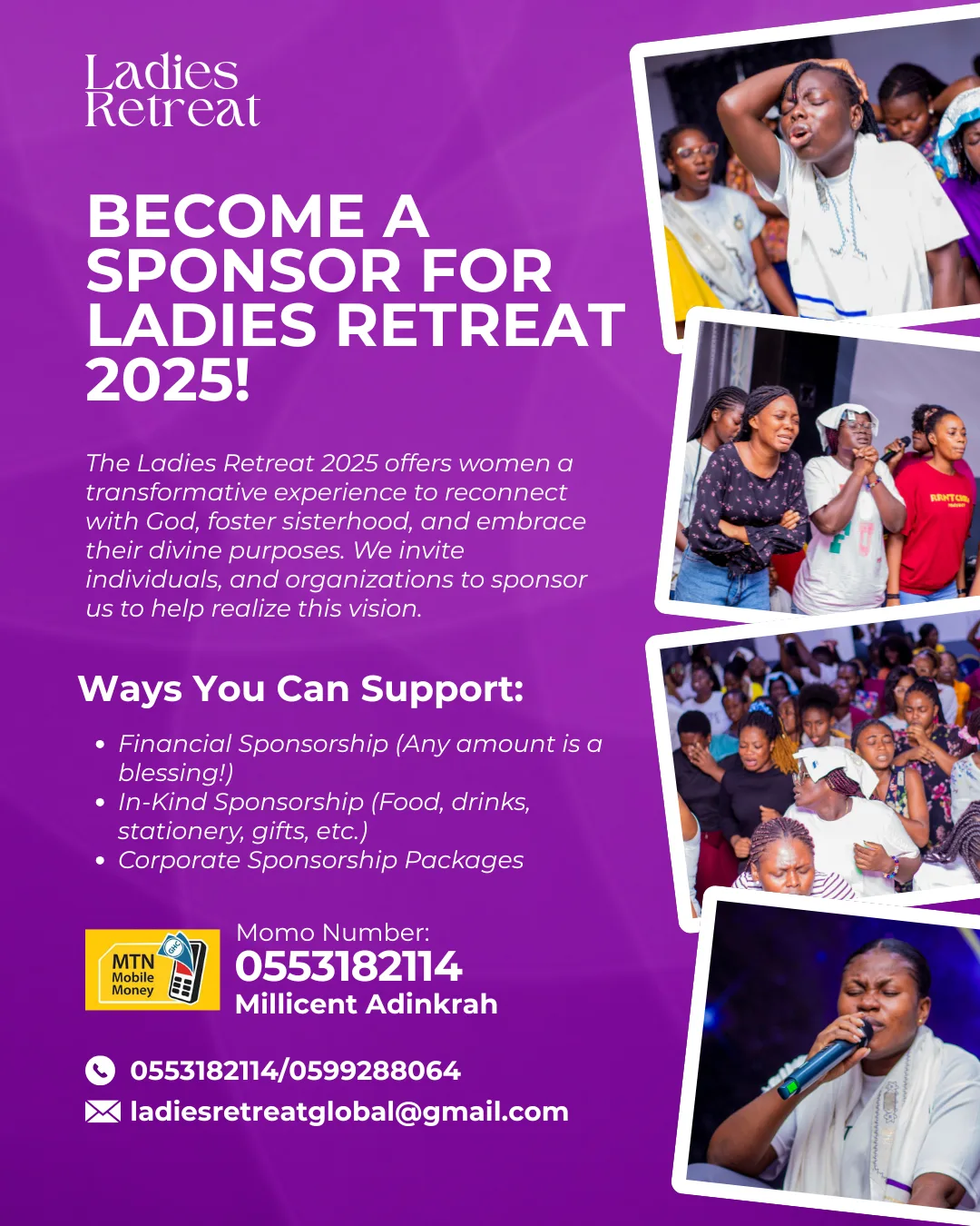 Sponsorship flyer for Ladies Retreat 2025 featuring event photos of women worshipping and contact details.