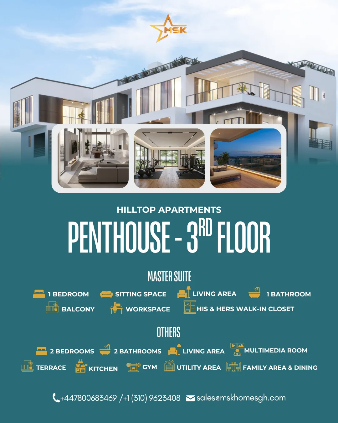 MSK Homes graphic showcasing modern architectural exterior and interior renders for Hilltop Apartments penthouse.