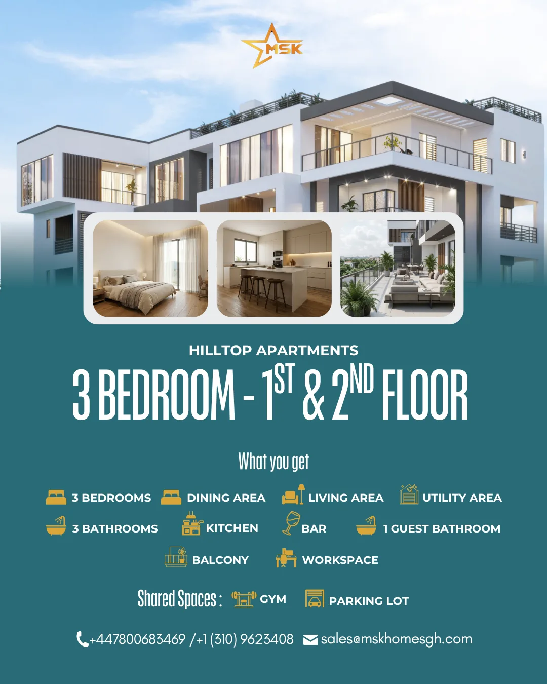 Promotional graphic for MSK Homes Hilltop Apartments featuring modern 3-bedroom apartment interiors and exterior.