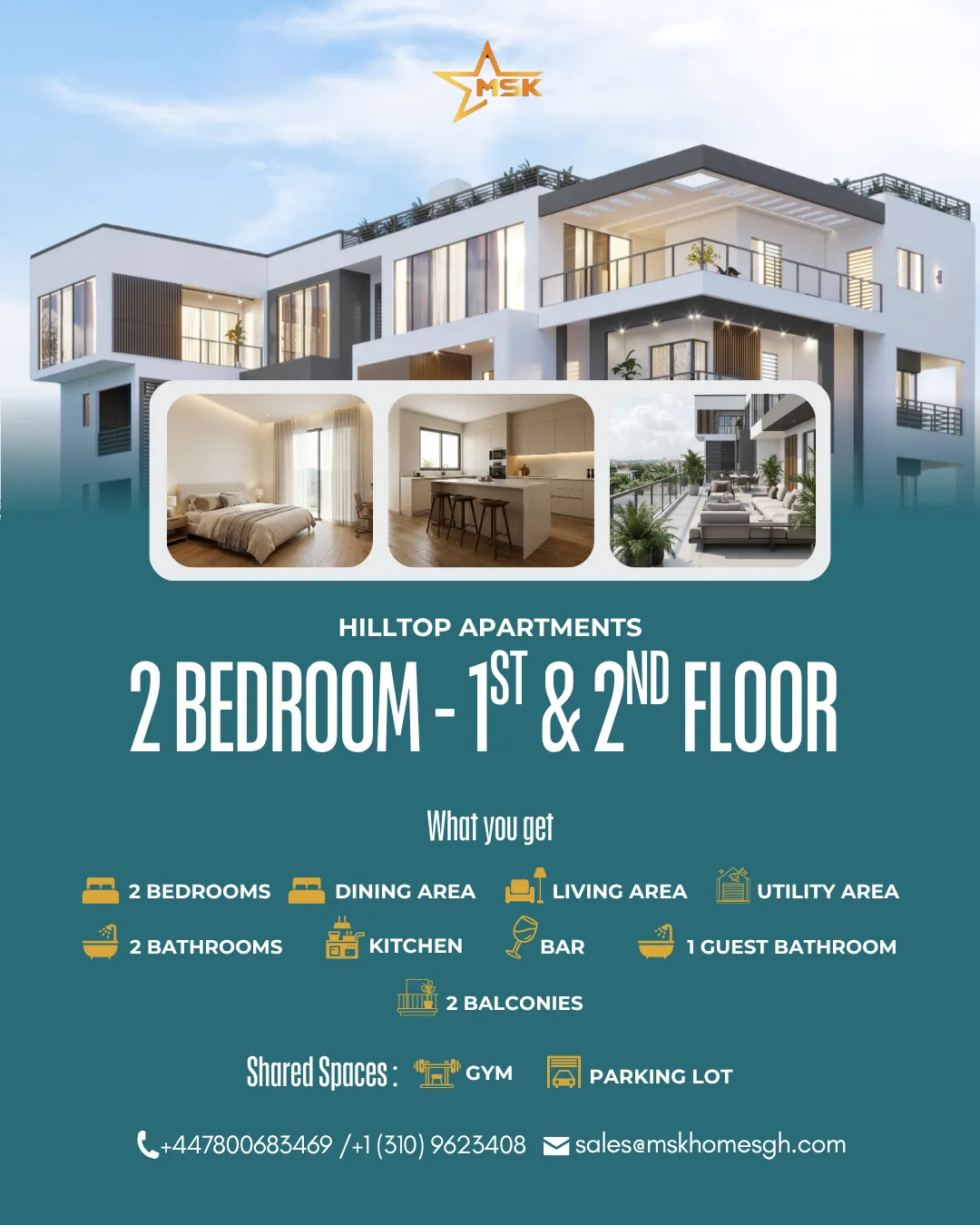 MSK Homes promotional flyer for Hilltop Apartments displaying modern apartment exteriors and interior living spaces.