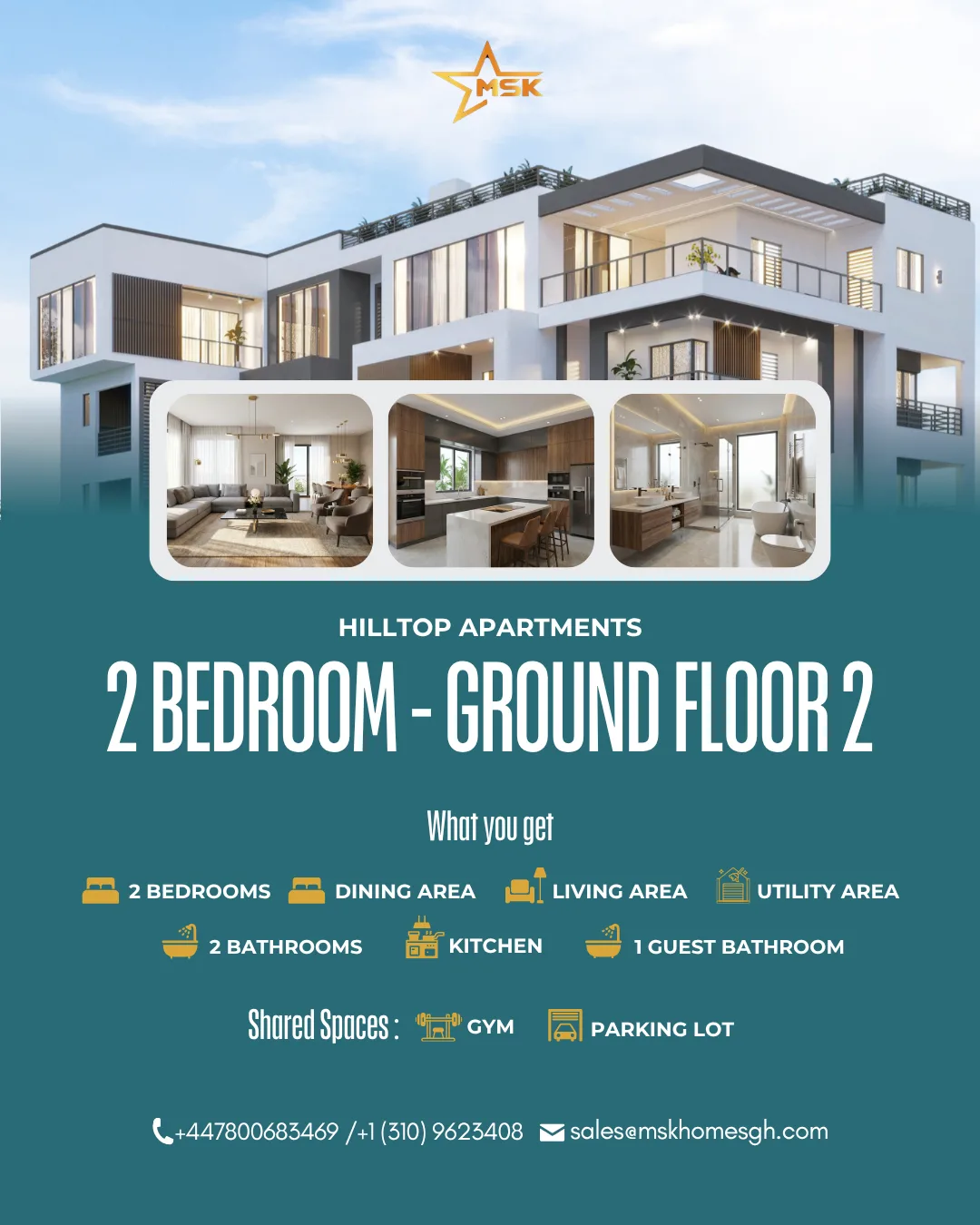MSK Homes promotional poster for Hilltop Apartments 2-bedroom ground floor layout with interior preview images.