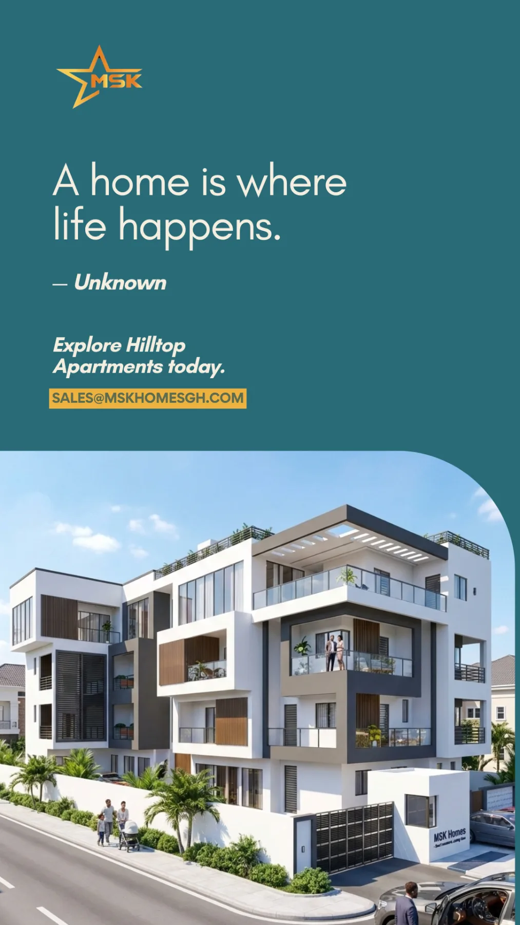Modern architectural rendering of MSK Homes Hilltop Apartments on a promotional digital flyer.