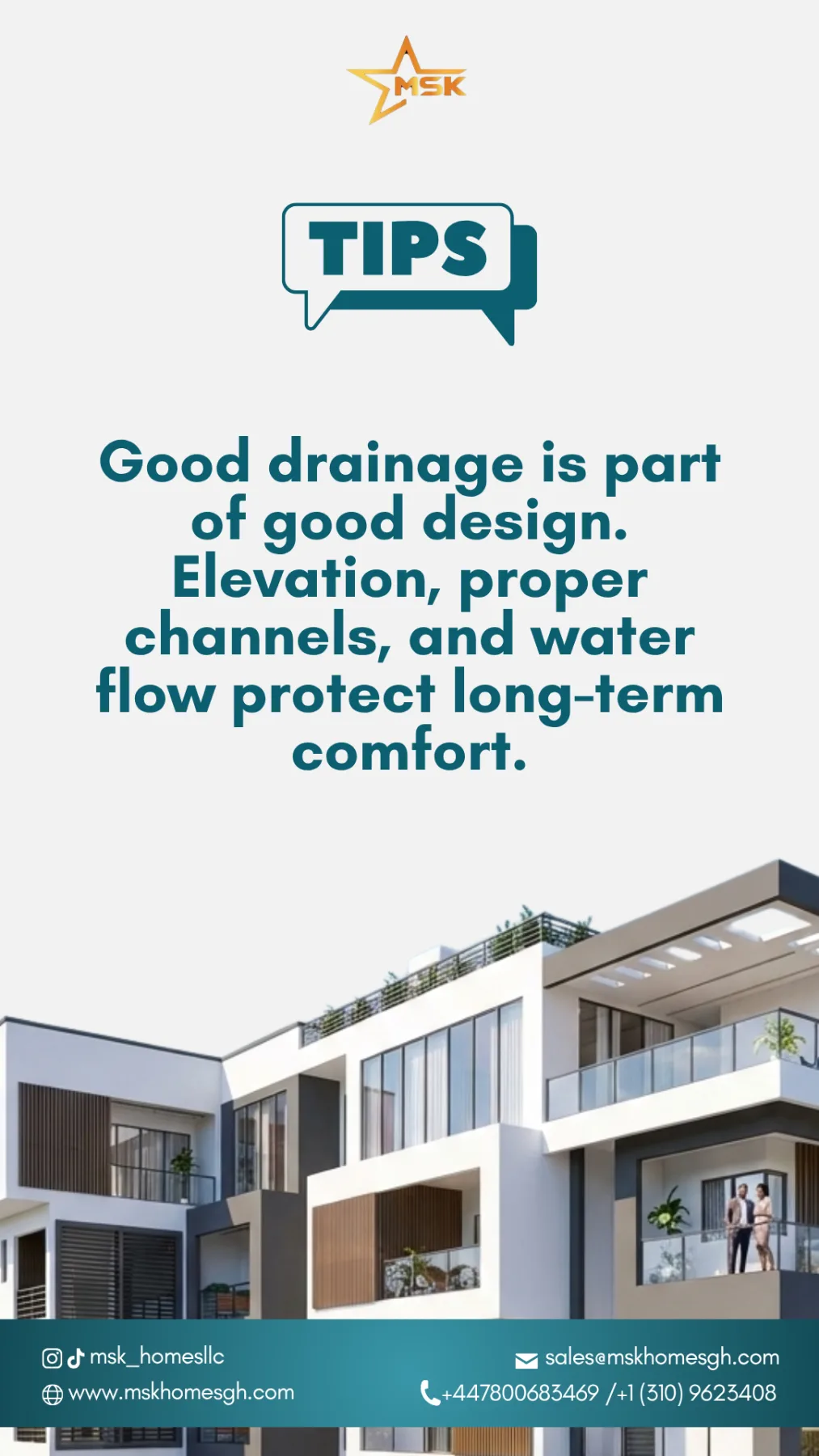 An MSK Homes social media graphic sharing real estate tips above a modern residential building design.