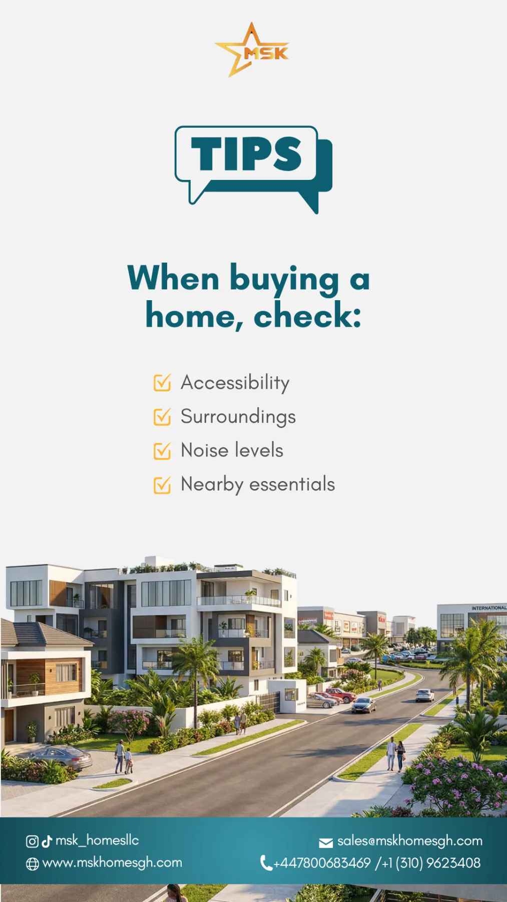 MSK Homes educational graphic listing home buying tips above a modern apartment complex rendering.