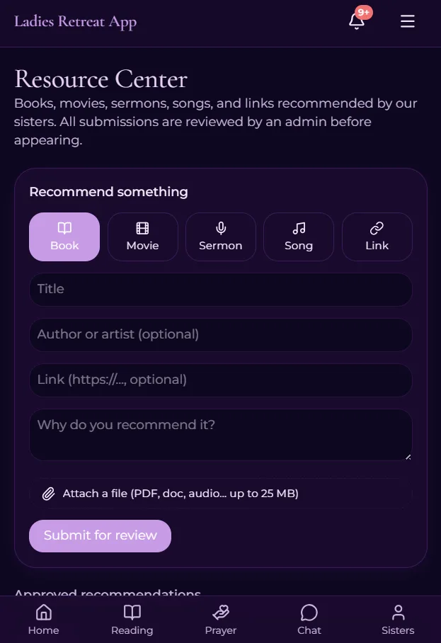 Resource Center recommendation form on the dark-themed Ladies Retreat Global community web app.