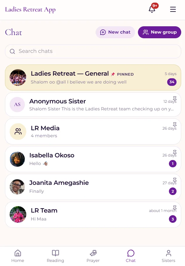Chat interface of the Ladies Retreat Global web application showing active message threads and group chats.