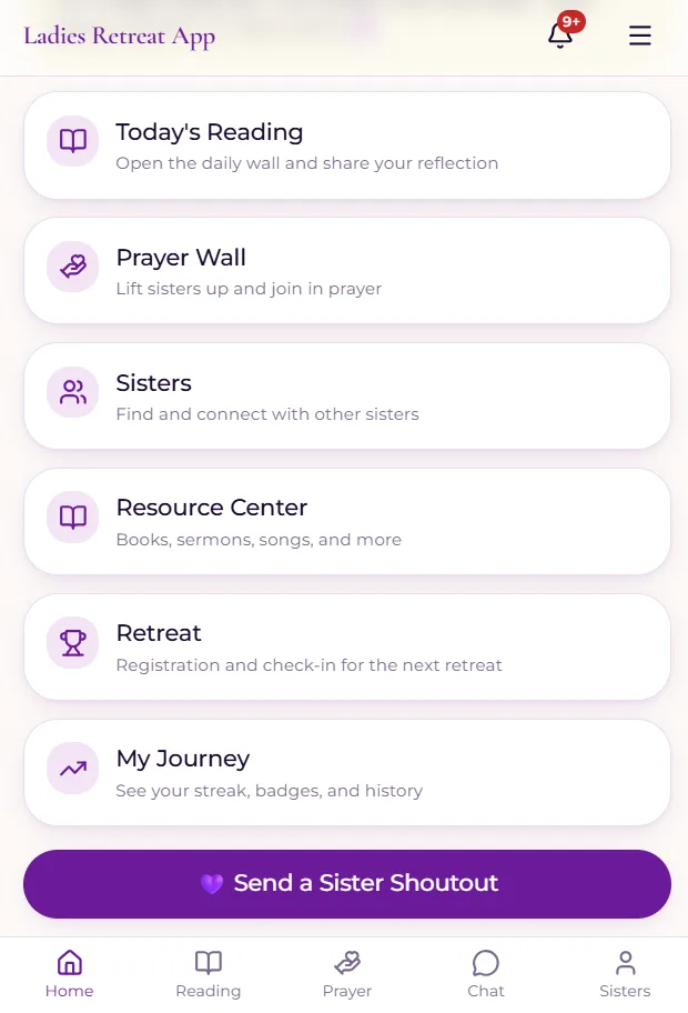 Mobile dashboard interface of the Ladies Retreat Global web application featuring community feature menu cards.