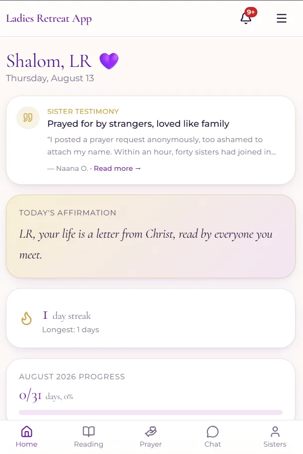 Mobile screen interface of the Ladies Retreat Global community web app showing daily affirmations, testimonies, and navigation.