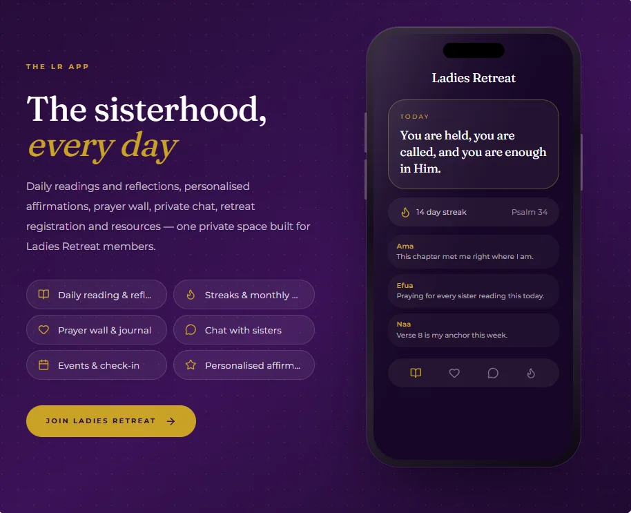 Smartphone screen showing the Ladies Retreat Global web app interface beside a list of community features.
