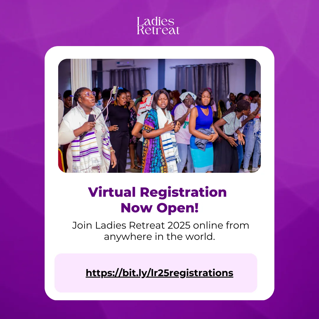 Ladies Retreat 2025 virtual registration flyer featuring women singing together during a worship session.