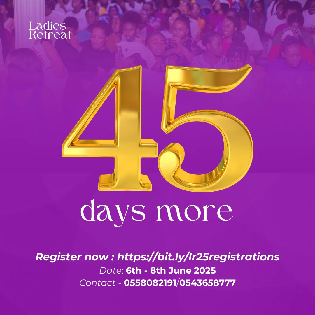 A purple promotional graphic for Ladies Retreat 2025 showing a golden 45 countdown with registration details.