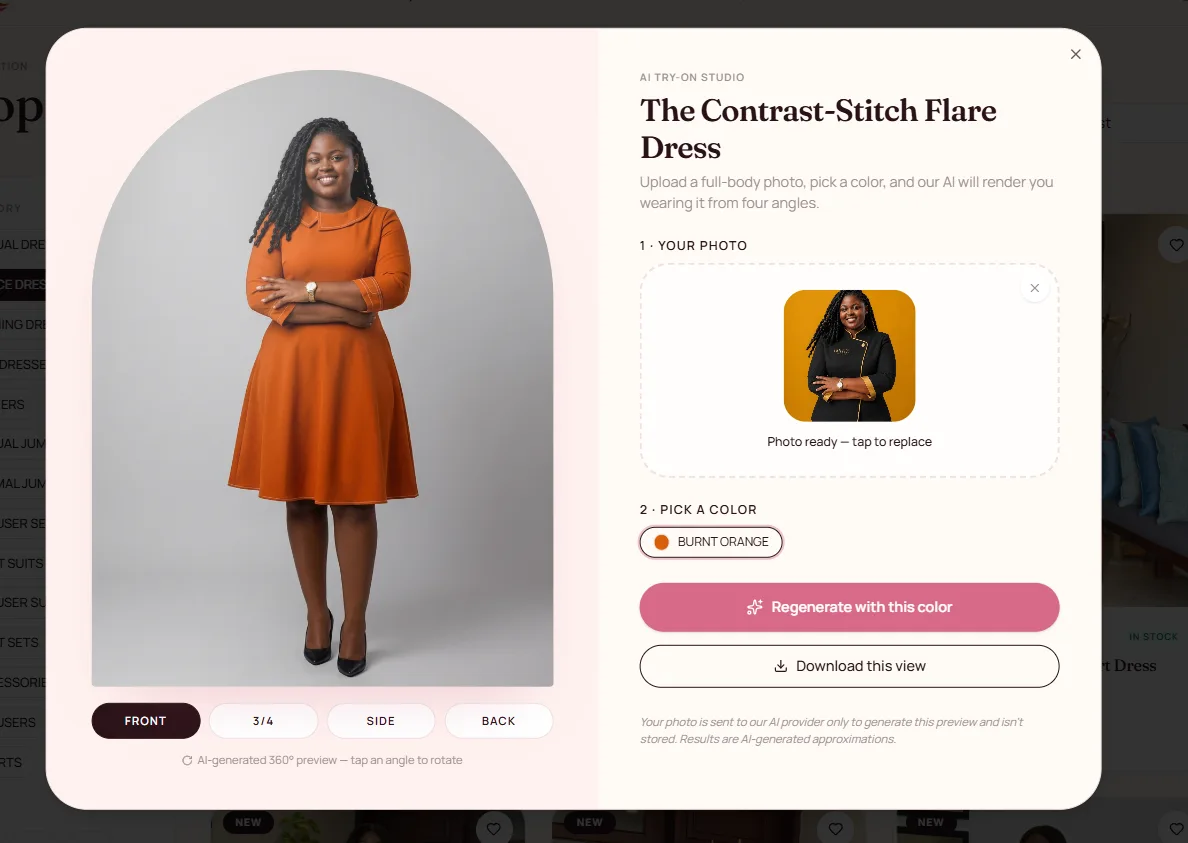An AI try-on feature on the El-Fittings Ventures e-commerce website displaying a woman in a burnt orange dress.