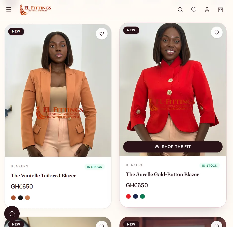 El-Fittings e-commerce store displaying tailored women's blazers with prices in Ghana Cedis.