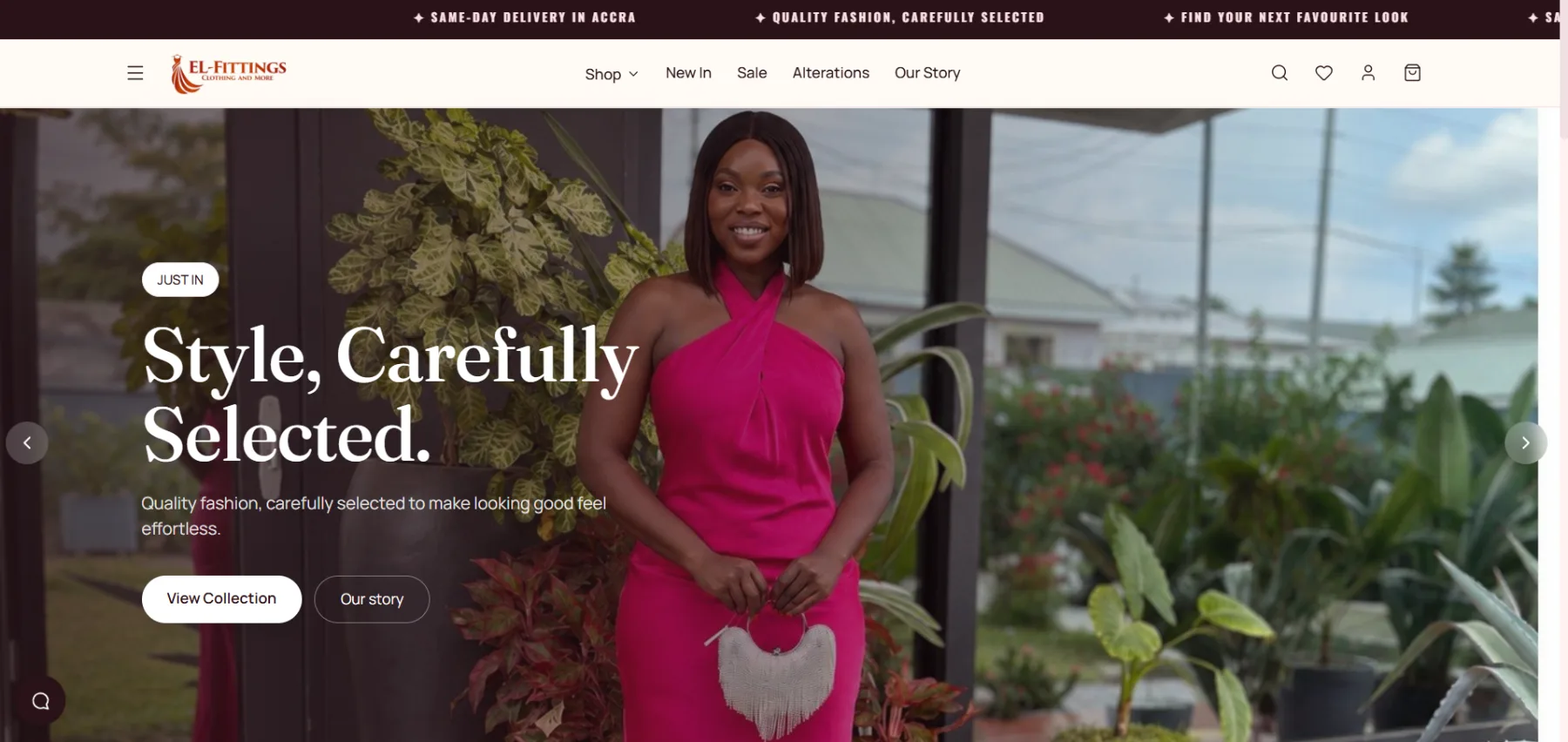 El-Fittings e-commerce website homepage showing a woman in a pink dress with the tagline Style Carefully Selected.