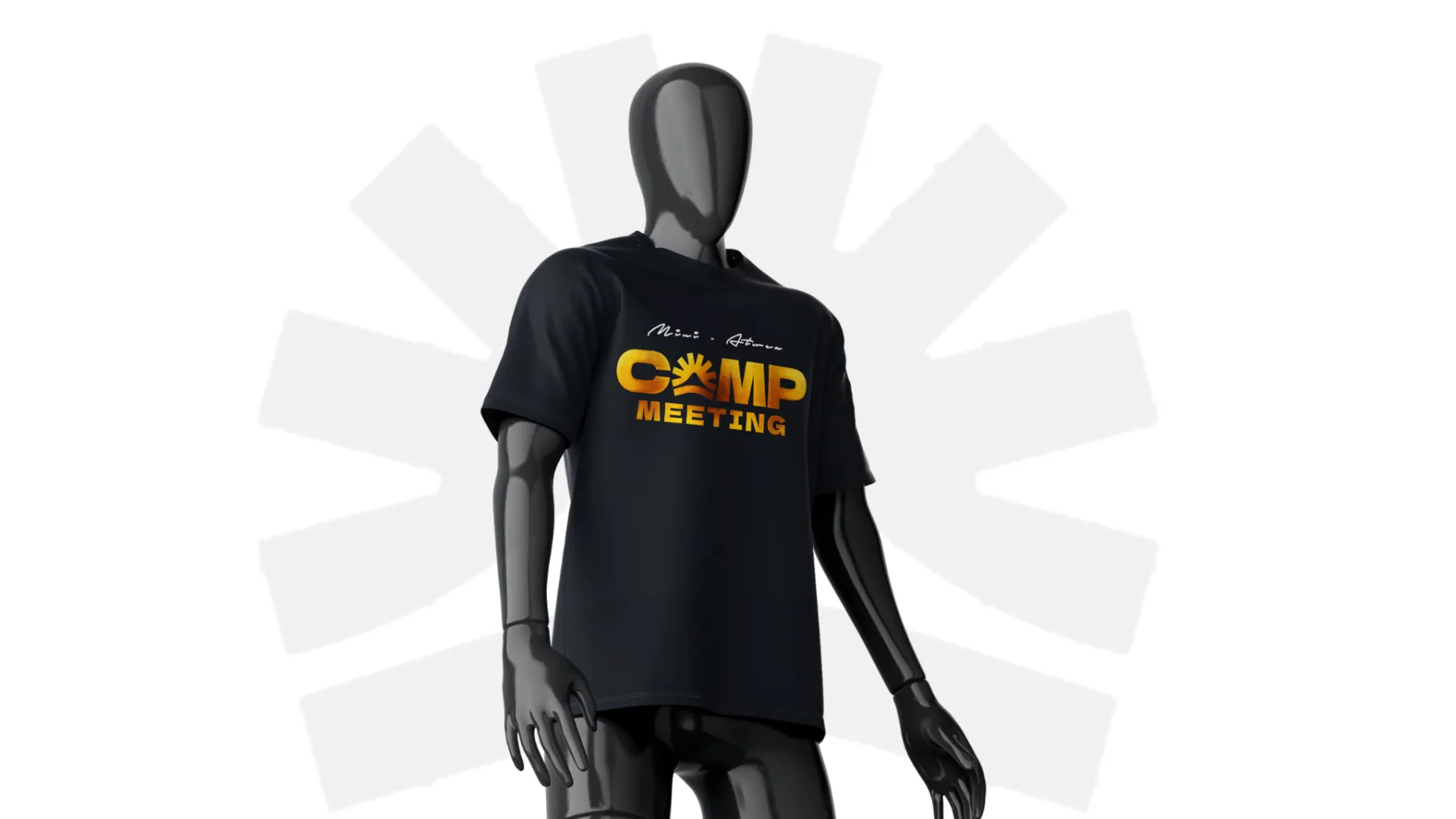 A glossy black mannequin wearing a black t-shirt featuring a custom golden Camp Meeting graphic design mockup.