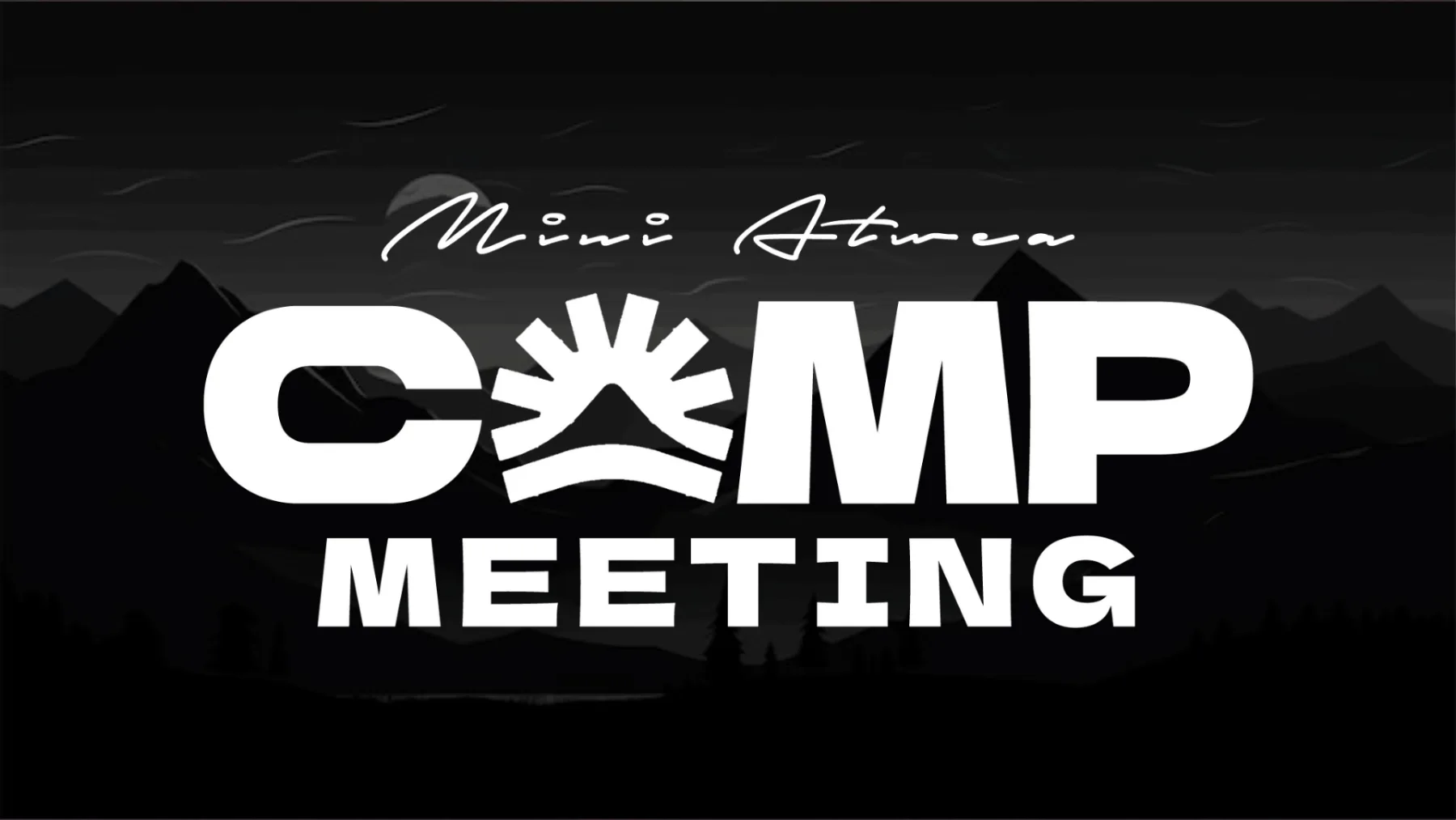 Graphic design logo for Mini Atwea Camp Meeting featuring bold white typography against a mountain silhouette.
