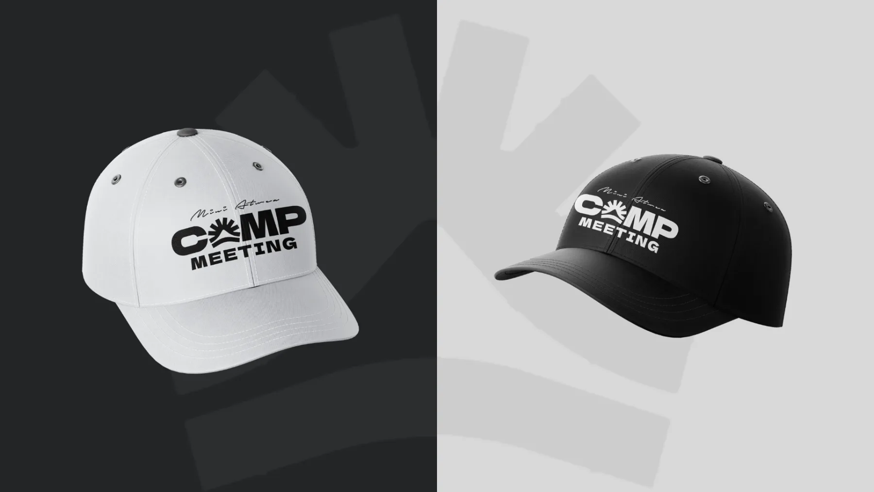 White and black baseball caps displaying the custom Camp Meeting logo for graphic design branding.