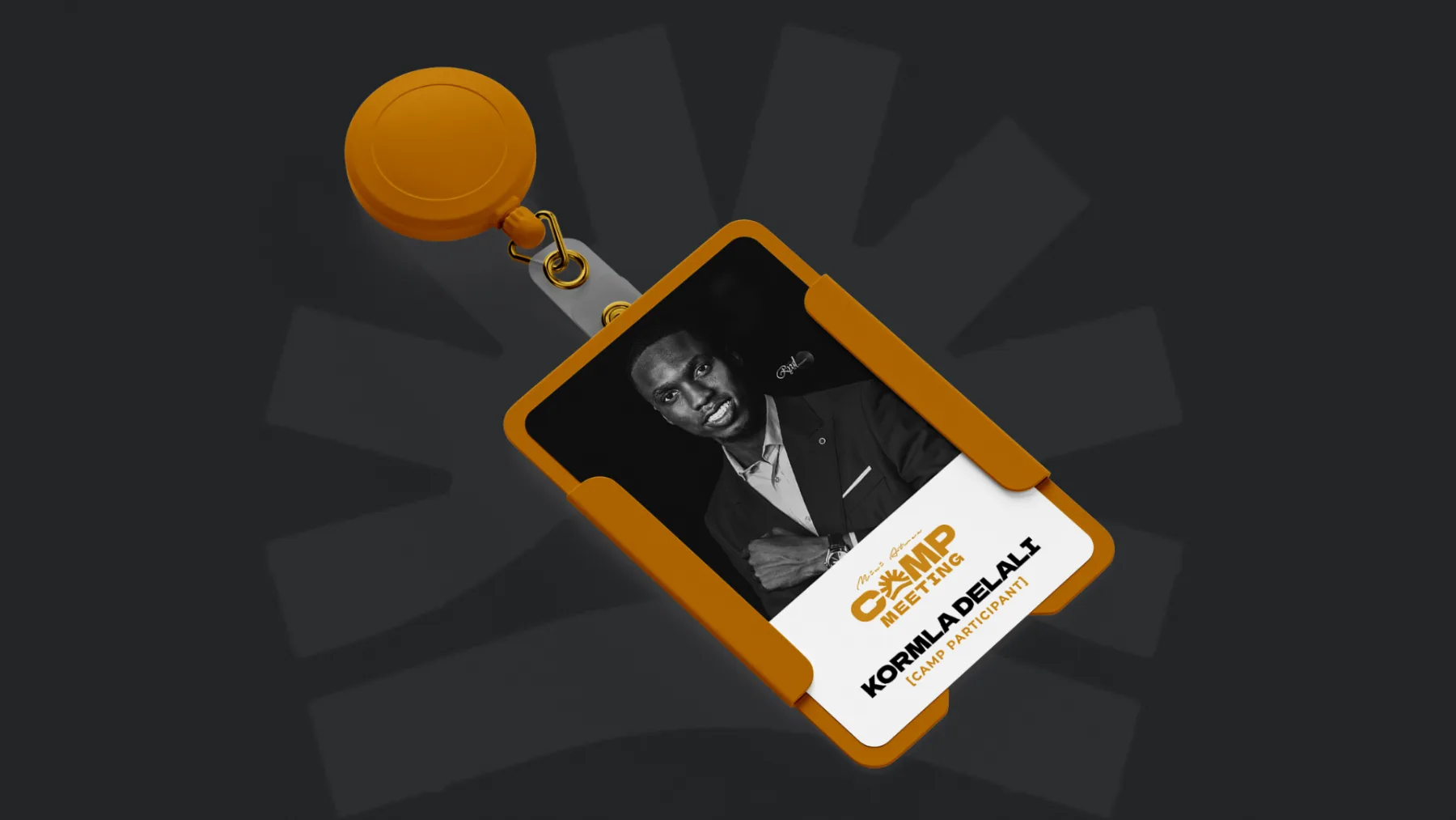 An orange retractor badge holder featuring a Camp Meeting ID card design for participant Kormla Delali.