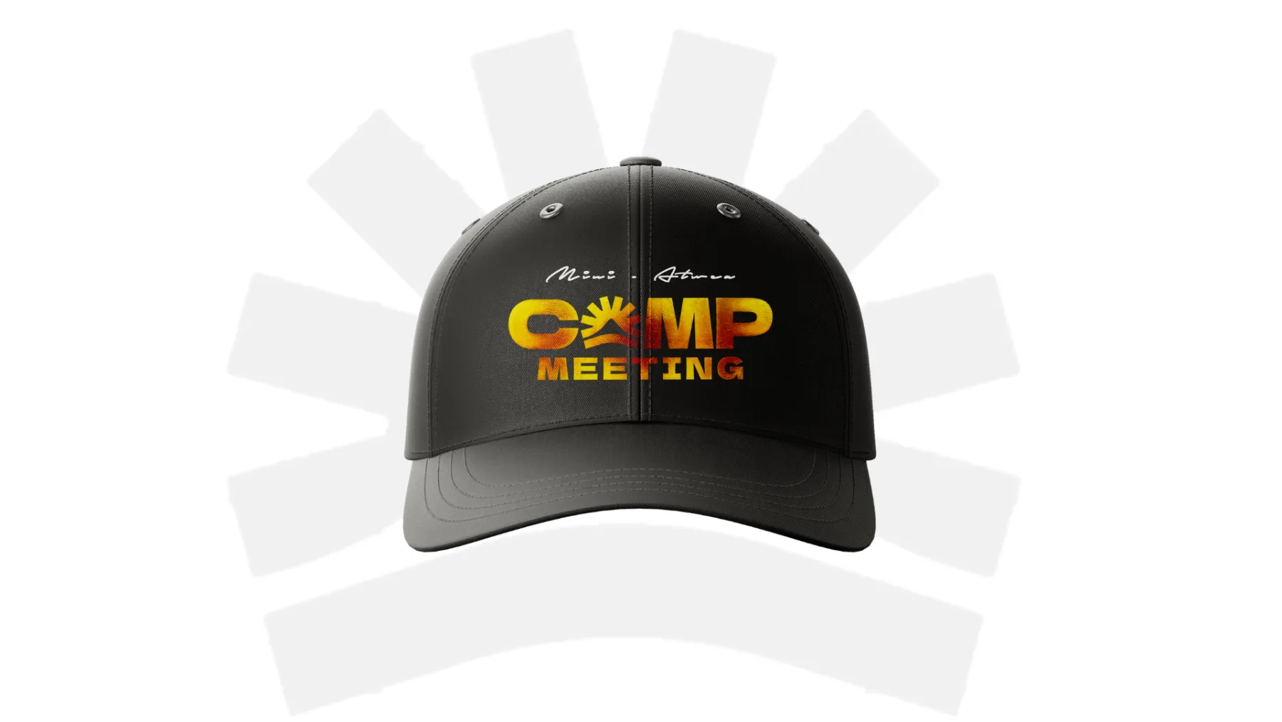 Black baseball cap branded with a yellow and orange Camp Meeting graphic design logo.