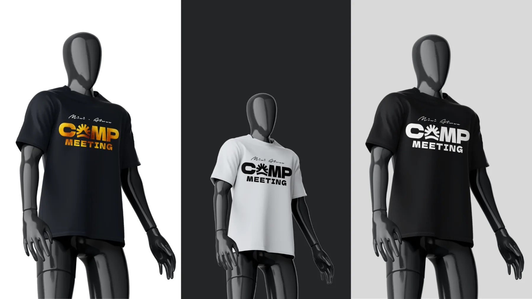 Three mannequins displaying black and white t-shirt designs for Camp Meeting branding.